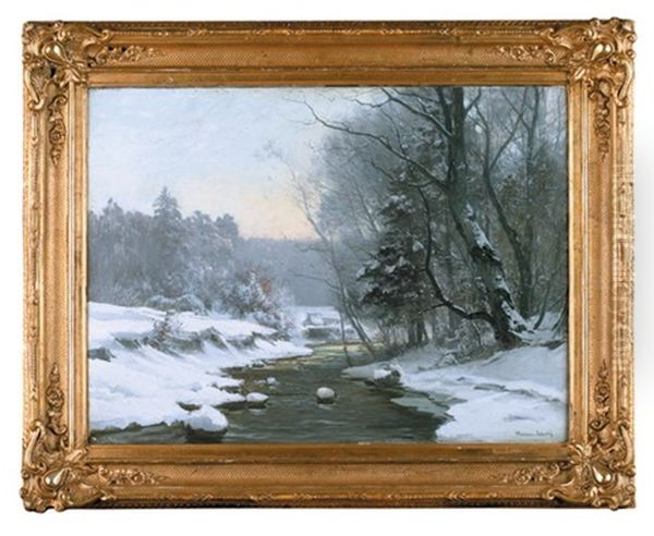 Zimowy Pejzaz Z Rzeka Oil Painting by Anders Andersen-Lundby