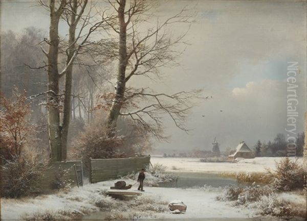 Man Med Kalke I Vinterlandskap Oil Painting by Anders Andersen-Lundby