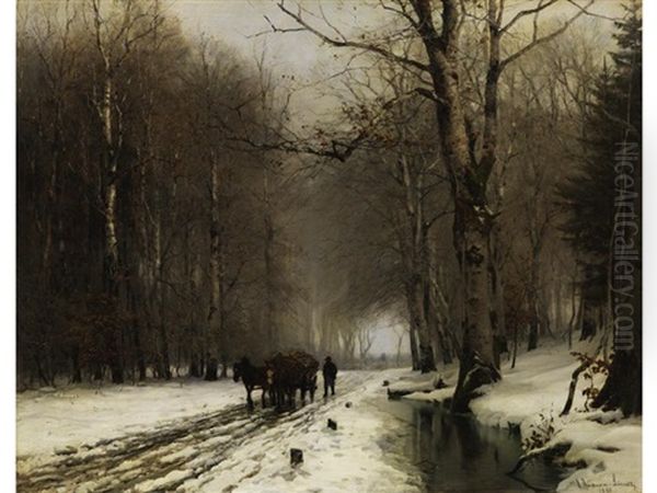 Pferdefuhrwerk In Verschneitem Wald Oil Painting by Anders Andersen-Lundby