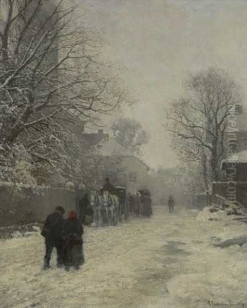 Winterliche Dorfstrase Oil Painting by Anders Andersen-Lundby