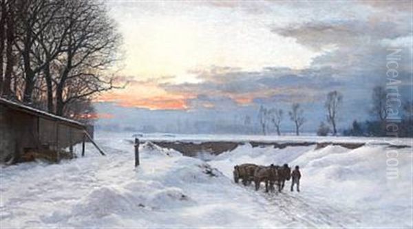 A Carriage On A Path In A Winter Landscape - The Sun Is Setting Oil Painting by Anders Andersen-Lundby