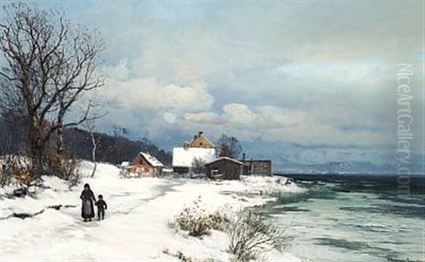 View Of Lake Chiemsee Near Munich On A Winter Day Oil Painting by Anders Andersen-Lundby