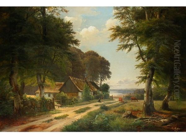 Das Bauerngehoft Am Seeufer Oil Painting by Anders Andersen-Lundby