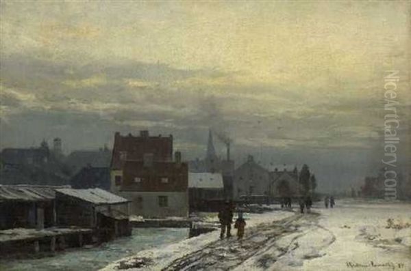 Spazierganger Am Winterlichen Stadtbach Oil Painting by Anders Andersen-Lundby