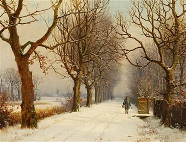 Winter Scene With People Walking Along A Brook Oil Painting by Anders Andersen-Lundby