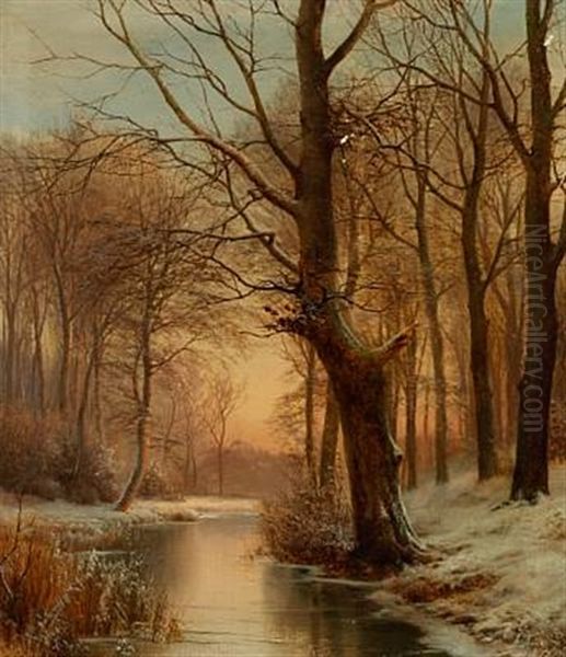 Late Afternoon In A Forest With A Frozen Brook Oil Painting by Anders Andersen-Lundby