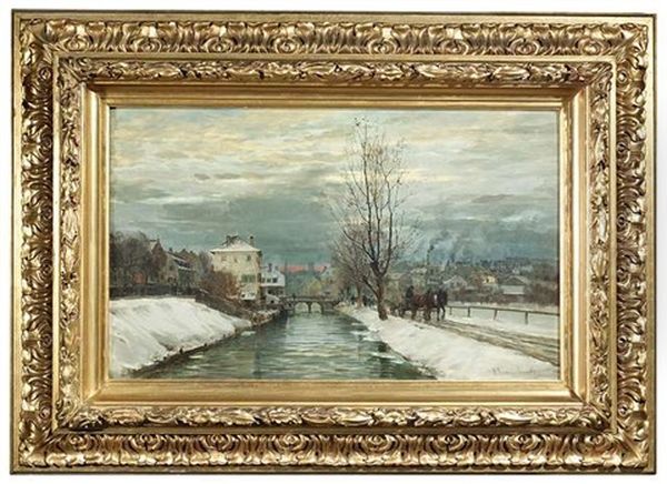 Winterlicher Kanal In Einer Stadt Mit Spaziergangern Und Pferdefuhrwerk Wahrend Der Abenddammerung Oil Painting by Anders Andersen-Lundby