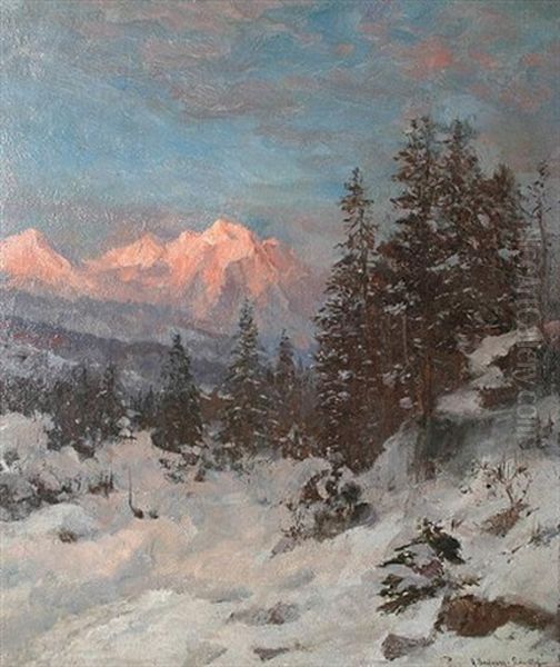 A Mountain Sunset Oil Painting by Anders Andersen-Lundby