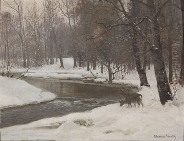 Deer By A Stream In Winter Oil Painting by Anders Andersen-Lundby