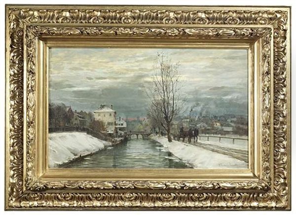 Winterlicher Kanal In Einer Stadt Mit Spaziergangern Und Pferdefuhrwerk Wahrend Der Abenddammerung Oil Painting by Anders Andersen-Lundby