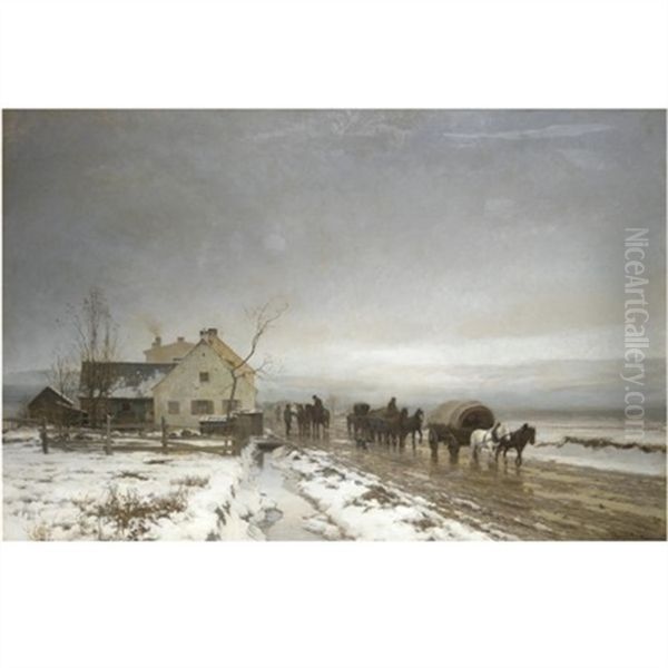 The Long And Wintery Road Oil Painting by Anders Andersen-Lundby