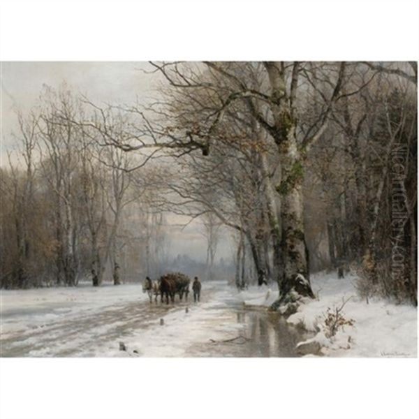 Winter Landscape With A Horse-drawn Cart Oil Painting by Anders Andersen-Lundby