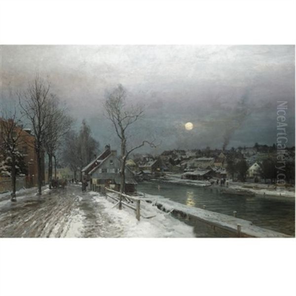 A Busy Town In Moonlight Oil Painting by Anders Andersen-Lundby