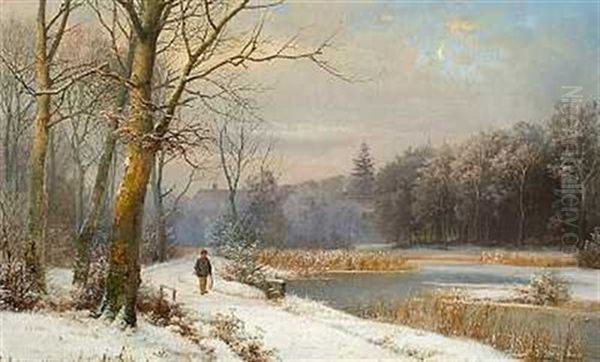 Vinterlandskab Ved Hellebaek Oil Painting by Anders Andersen-Lundby