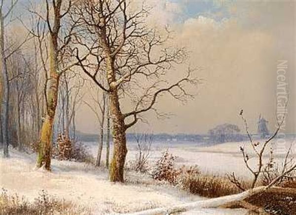 Vinterlandskab Med En Molle I Det Fjerne Oil Painting by Anders Andersen-Lundby