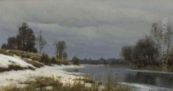 Winterliche Uferlandschaft Oil Painting by Anders Andersen-Lundby