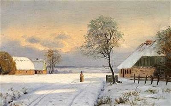 Snedaekket Landevej Med Spadserende Bondekone Oil Painting by Anders Andersen-Lundby