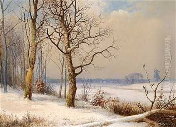 Vinterlandskab Med Molle I Baggrunden Oil Painting by Anders Andersen-Lundby