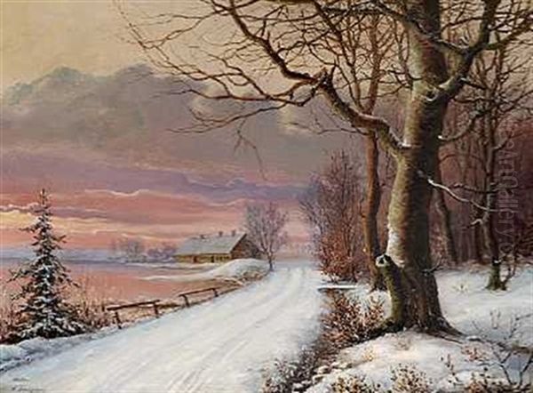 Vinterlandskab Ved Solnedgangstide Oil Painting by Anders Andersen-Lundby