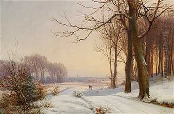 Vinterlandskab Ved Solnedgangstide (dyrehaven?) Oil Painting by Anders Andersen-Lundby