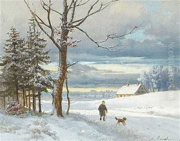 Vinterlandskab Med Spadserende Mand Med Sin Hund Pa En Sti Oil Painting by Anders Andersen-Lundby