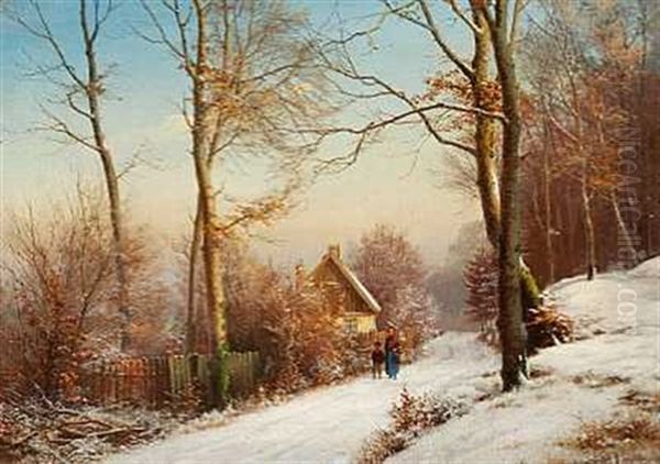 Kone Og Dreng Pa En Sti I Vinterskoven Oil Painting by Anders Andersen-Lundby