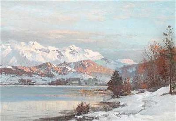 Morgenlys Over En So, I Baggrunden Sneklaedte Bjerge (omkring Munchen?) Oil Painting by Anders Andersen-Lundby