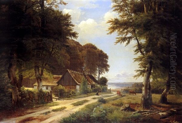 Das Bauerngehoft Am Seeufer Oil Painting by Anders Andersen-Lundby