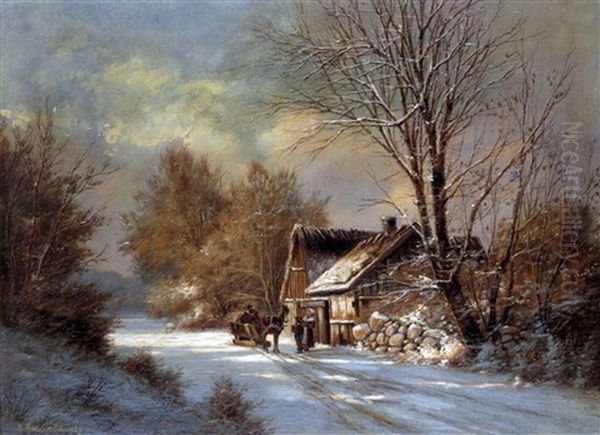 Schlittenkutsche Vor Bauernhutte Oil Painting by Anders Andersen-Lundby