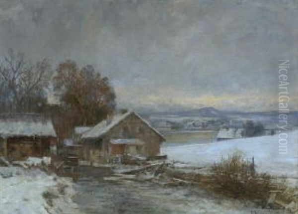 Muhle Am Bach In Winterlicher Vorgebirgslandschaft Oil Painting by Anders Andersen-Lundby