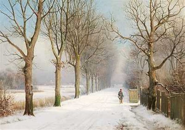 Mand Pa En Snedaekket Alle (bayern?) Oil Painting by Anders Andersen-Lundby