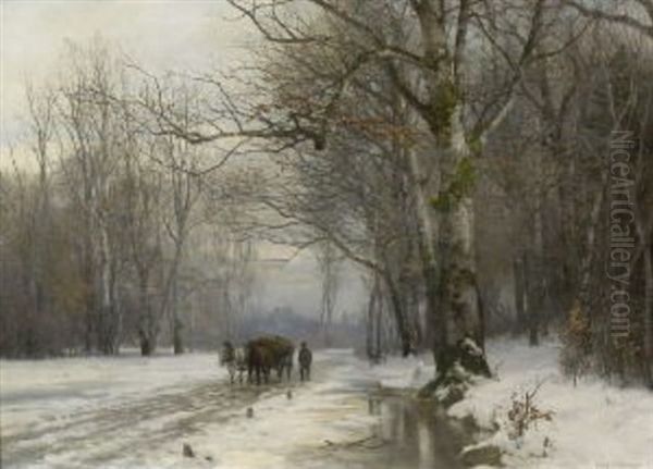 Bauer Mit Pferdefuhrwerk Im Winterlichen Birkenwald Oil Painting by Anders Andersen-Lundby