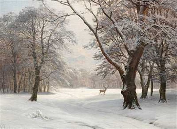 Vinterdag I Dyrehaven Oil Painting by Anders Andersen-Lundby