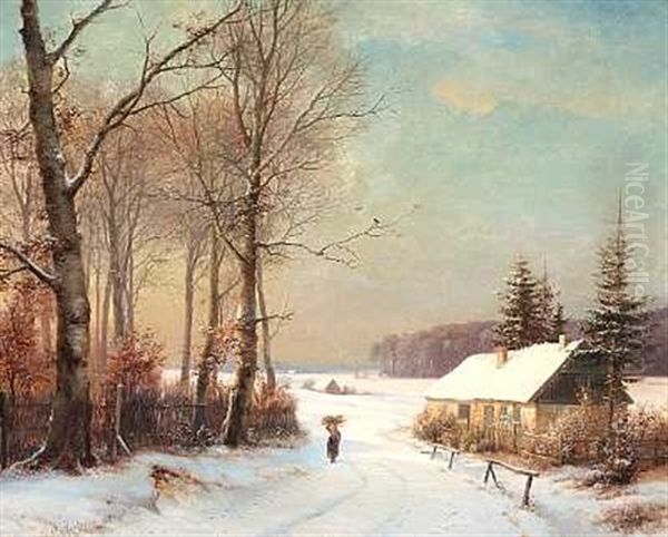 En Kone Baerer Braende Hjem En Solrig Vinterdag Oil Painting by Anders Andersen-Lundby