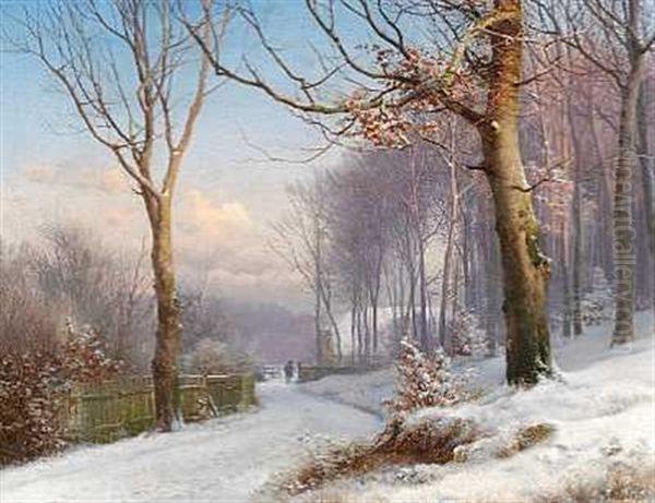 Skovvej Med Spadserende Herre, En Klar Vinterdag Oil Painting by Anders Andersen-Lundby