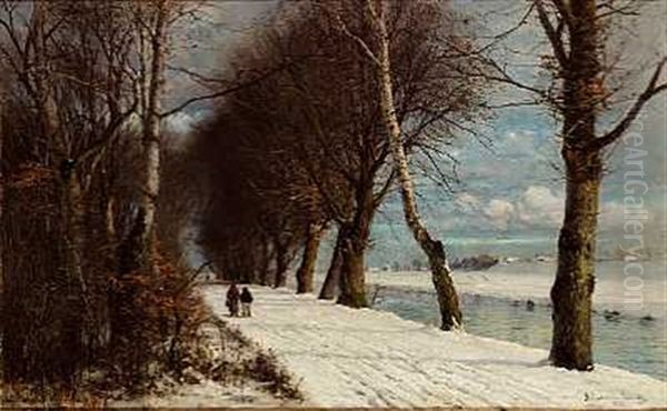 Vinterlandskab Med Spadserende Personer (bayern?) Oil Painting by Anders Andersen-Lundby