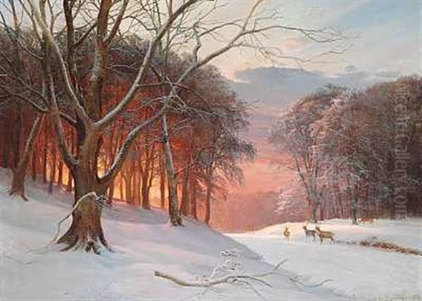 Vinterdag I Dyrehaven, Solnedgangen Farver Skoven Flammende Rod Oil Painting by Anders Andersen-Lundby