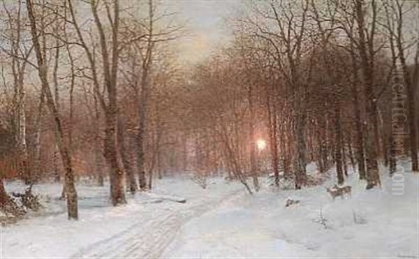 Solnedgang Mellem Skovens Traeer, Vinter Oil Painting by Anders Andersen-Lundby