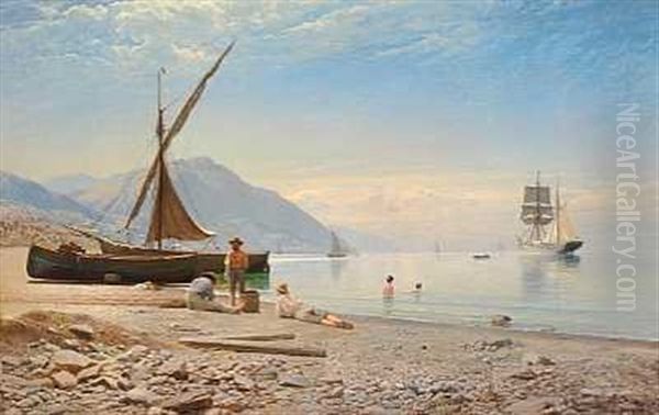 Fiskere Og Badende Born Pa En Italiensk Strand (napoli Eller Capri?) Oil Painting by Anders Andersen-Lundby