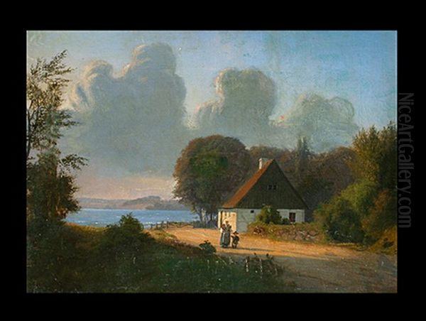 Mutter Mit Kind Vor Bauernhaus Am See Oil Painting by Anders Andersen-Lundby