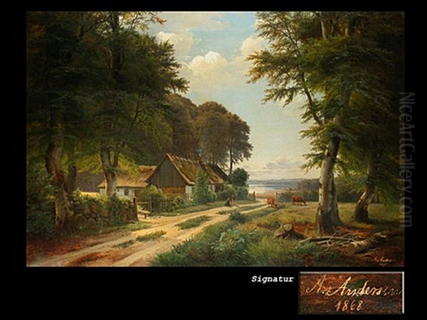 Das Bauerngehoft Am Seeufer Oil Painting by Anders Andersen-Lundby