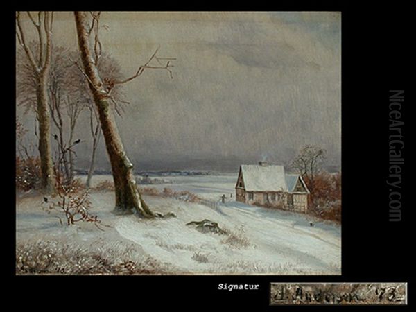 Tiefe Winterlandschaft Mit Amseln Und Gebauden Oil Painting by Anders Andersen-Lundby