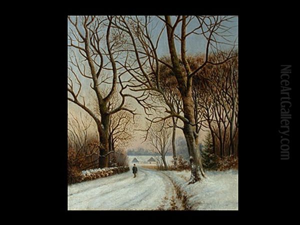 Spazierganger Auf Verschneiter Landstrasse Oil Painting by Anders Andersen-Lundby