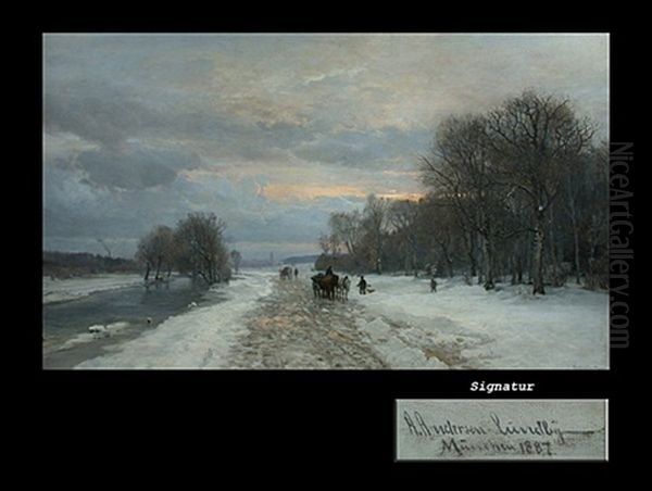 Holzfuhrwerk Und Jager Vor Der Stadtsilhouette Zwischen Fluss Und Wald Oil Painting by Anders Andersen-Lundby