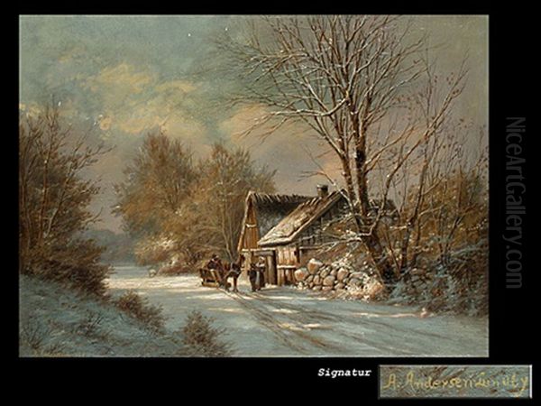 Schlittenkutsche Vor Bauernhutte Oil Painting by Anders Andersen-Lundby