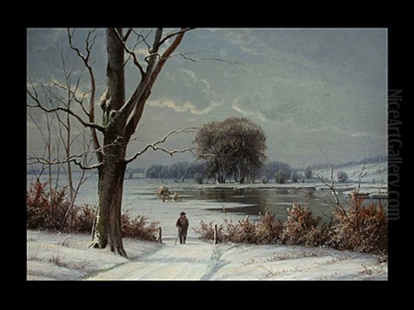 Spazierganger Vor Verschneiter Winterlandschaft Und See Oil Painting by Anders Andersen-Lundby