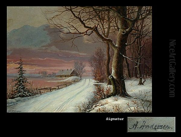 Der Verschneite Uferweg Oil Painting by Anders Andersen-Lundby