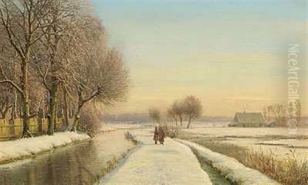 To Kvinder Ved En Flod I Et Vinterlandskab (ved Munchen?) Oil Painting by Anders Andersen-Lundby