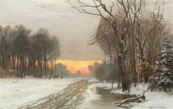 Hjorte I Et Vinterlandskab Ved Solnedgangstide Oil Painting by Anders Andersen-Lundby