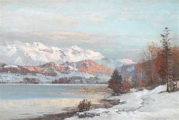 Vinterlandskab Med Morgenlys Over En So, I Baggrunden Sneklaedte Bjerge (omkring Munchen?) Oil Painting by Anders Andersen-Lundby